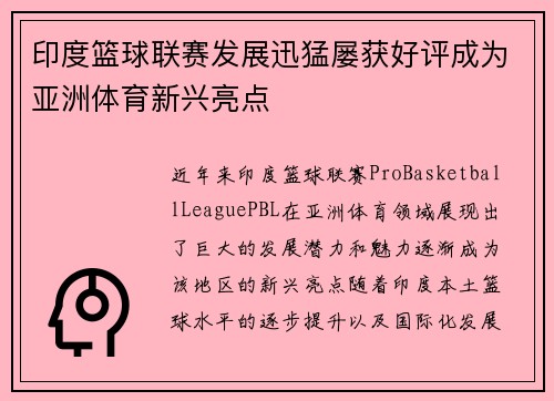 印度篮球联赛发展迅猛屡获好评成为亚洲体育新兴亮点