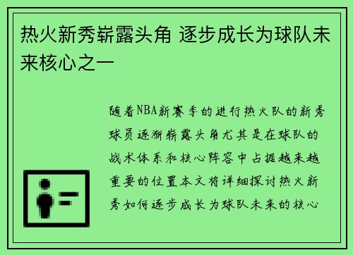 热火新秀崭露头角 逐步成长为球队未来核心之一