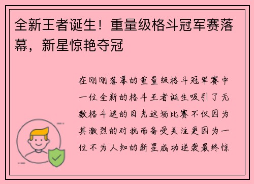 全新王者诞生！重量级格斗冠军赛落幕，新星惊艳夺冠